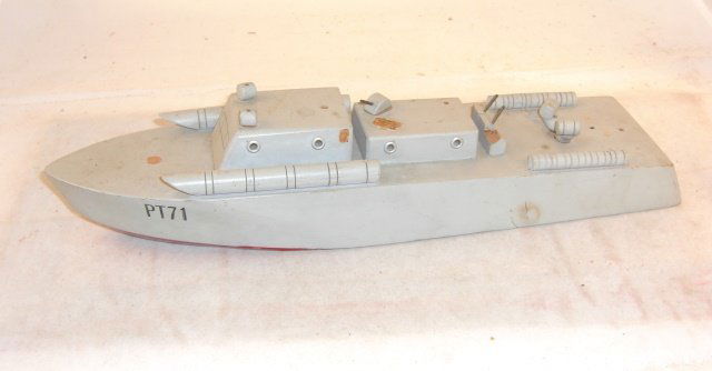 "PT71" BOAT: Wood; 15" long; no manufacturer marks: has guns broken, missing; condition good
