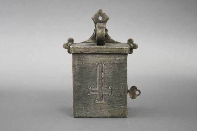 Hanging Art Deco Alms Box: Alms Box (6 1/4" H). Made of metal and in pristine condition. Made in the United States circa 1910.