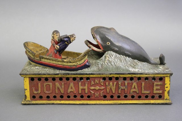 Jonah and the Whale Bank: Made by Shepard Hardware of America circa 1880. Made of Cast Iron. Fine Condition (needs a clean).