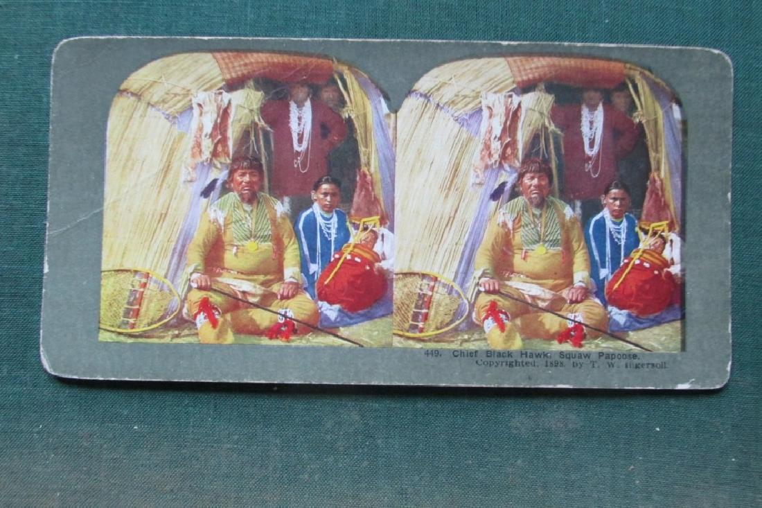 Chief Blackhawk & Squaw Papoose: Chief Black Hawk & Squaw Papoose Chief Black Hawk was one of the few Indians with a beard. Rare. Set of 2 Stereo cards Medium: Stereoview Dated: 1898 Ty