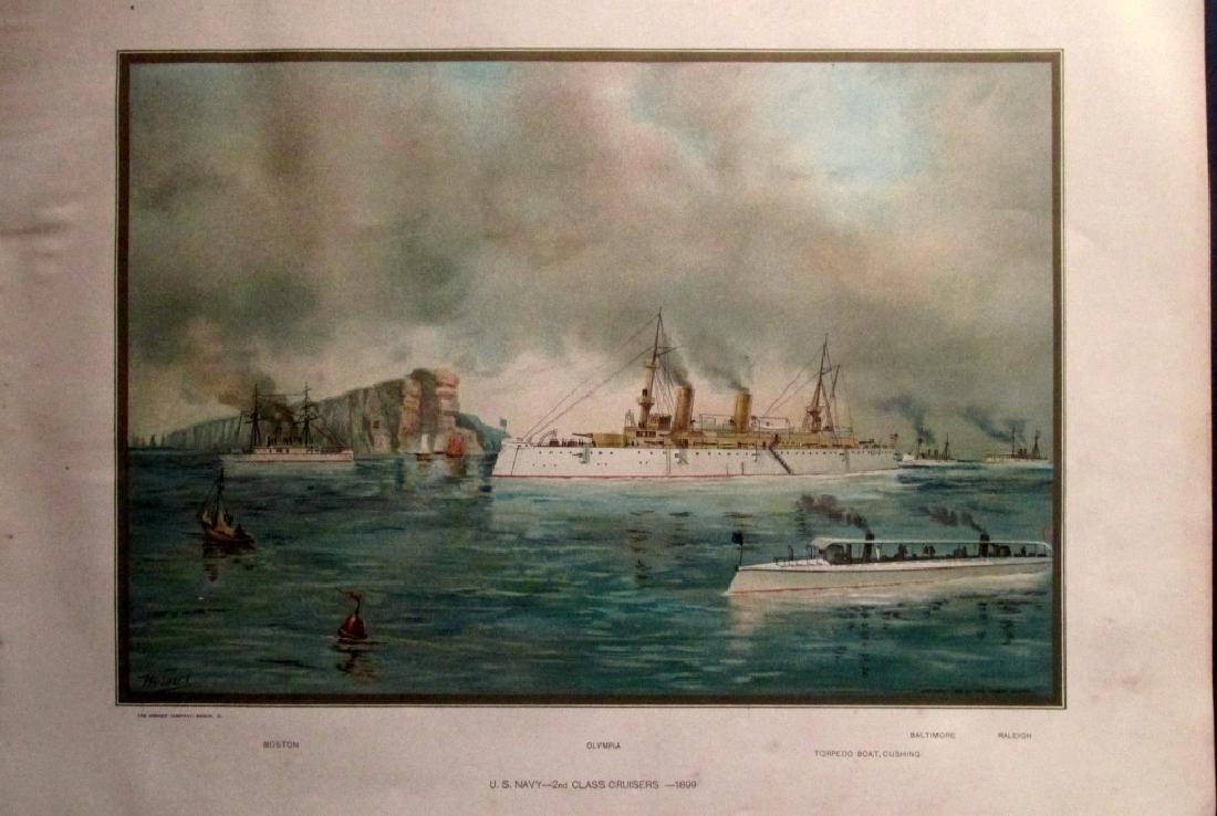 US Navy Cruiser Olympia: Cruiser Olympia US Navy 1899 Olympia in foreground, Boston, Baltimore, Raleigh Torpedo Boat Cushing in background. Artist: Werner Print