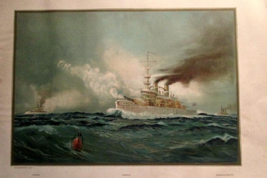 US Navy Battle Ship USS Oregon Indiana & Mass.: US Navy 1st Class Battle Ships 1899 USS Oregon in foreground and USS Indiana and USS Massachusetts in background Artist: Werner Print Type