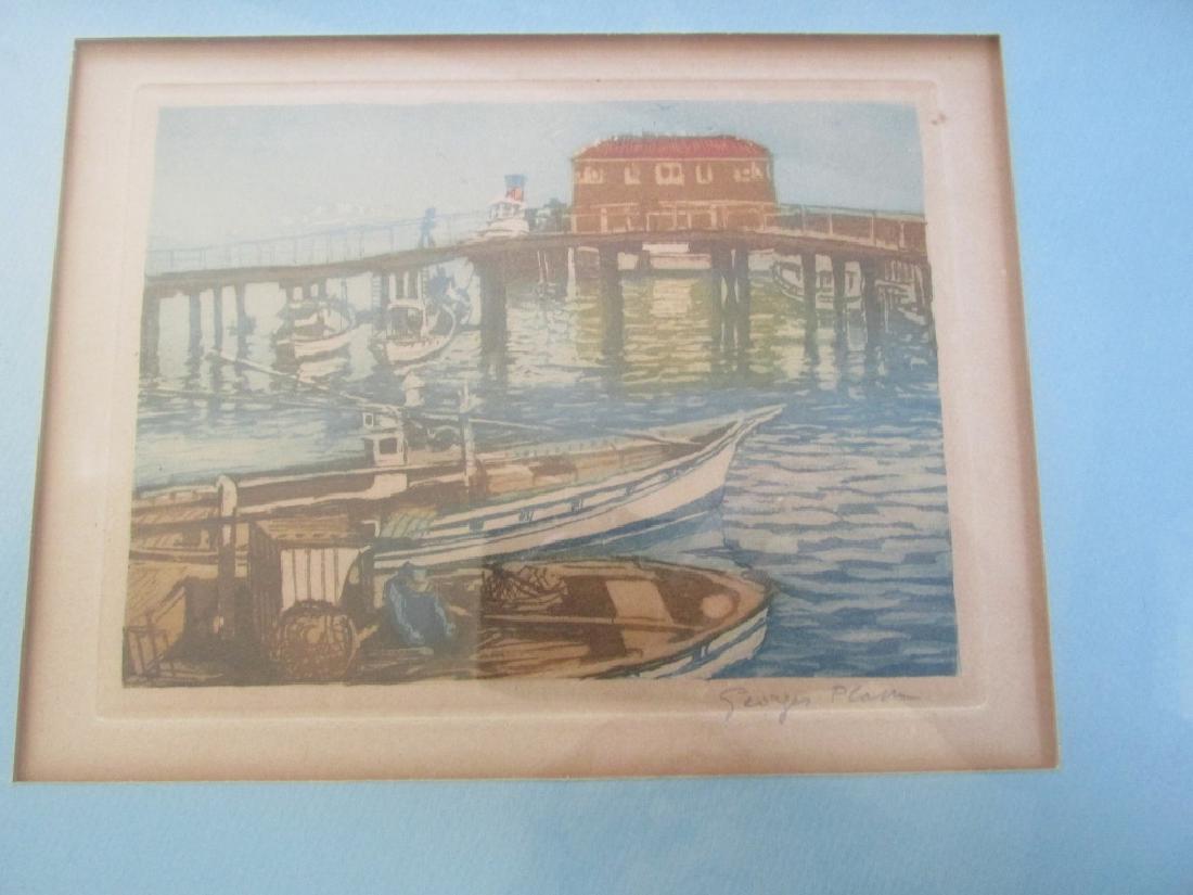 Georges Plasse (1878-1948): Blue Harbor Artist: Georges Plasse Print Type: Etching Aquatint Signed: l/r "Georges Plasse" Demensions: SS 7 x 5" Provenance: Hill House - The Concord Hotel Frame: Gold W