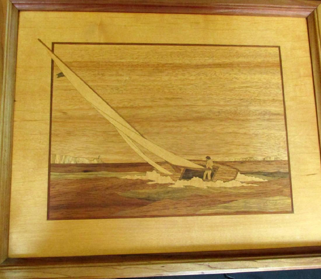 Inlaid Hudson River Sail Boat: Inlaid Hudson River Sail Boat Inlaid with a number of different woods. Artist: Signed Nelson L/R Size: 14 x 11 1/2" Subject S