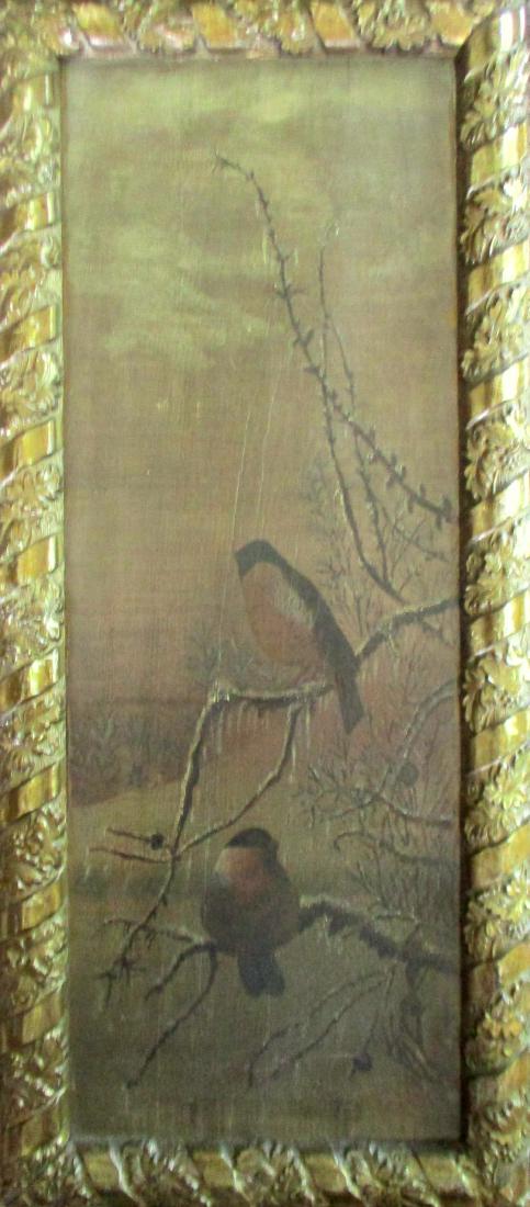 Birds in Snow Covered Tree - 19th Century: Birds in Snow Covered Tree Red Breasted Black Birds Medium: Oil on Board Date: 19th Century Origin: American School&n