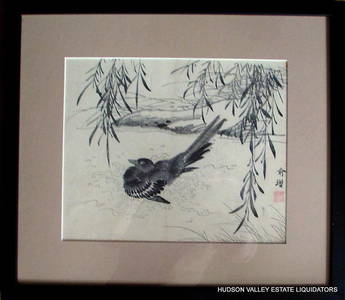 Black Bird Under Willow Tree - Japanese 19th Cent