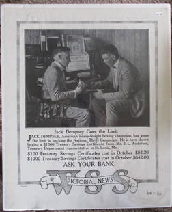 Jack Dempsey Goes the Limit - Poster 1920: Jack Dempsey Goes The Limit Poster Jack Dempsey, American heavy weight boxing champion, has gone the limit in backing the National Thrift Campaign. He is here shown buying a $1000 Treasury Savings