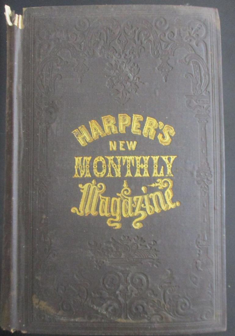 Harper's Monthly Magazine - Complete Volume 9: Harper's New Monthly Magazine 6 Months - June to November 1854. Beautiful gold tooled designed cover and spine. Numerous woodcuts. Includes articles about a lunatic asylum