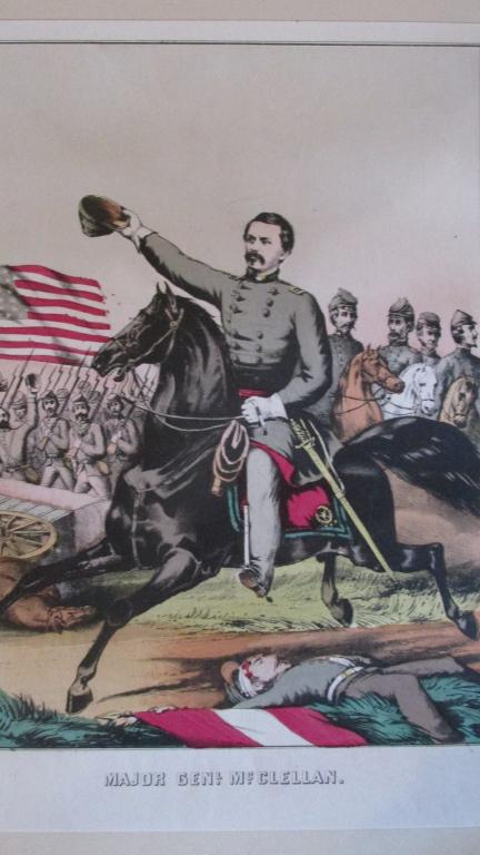 Major General McClellan (Civil War): Shows McClennan with Civil War American flag in background and Southern Soldier lying on ground with Southern flag in foreground. Unsigned. Attributed to Gibson & CompanyCincinnati Ohio Artist: US Pri