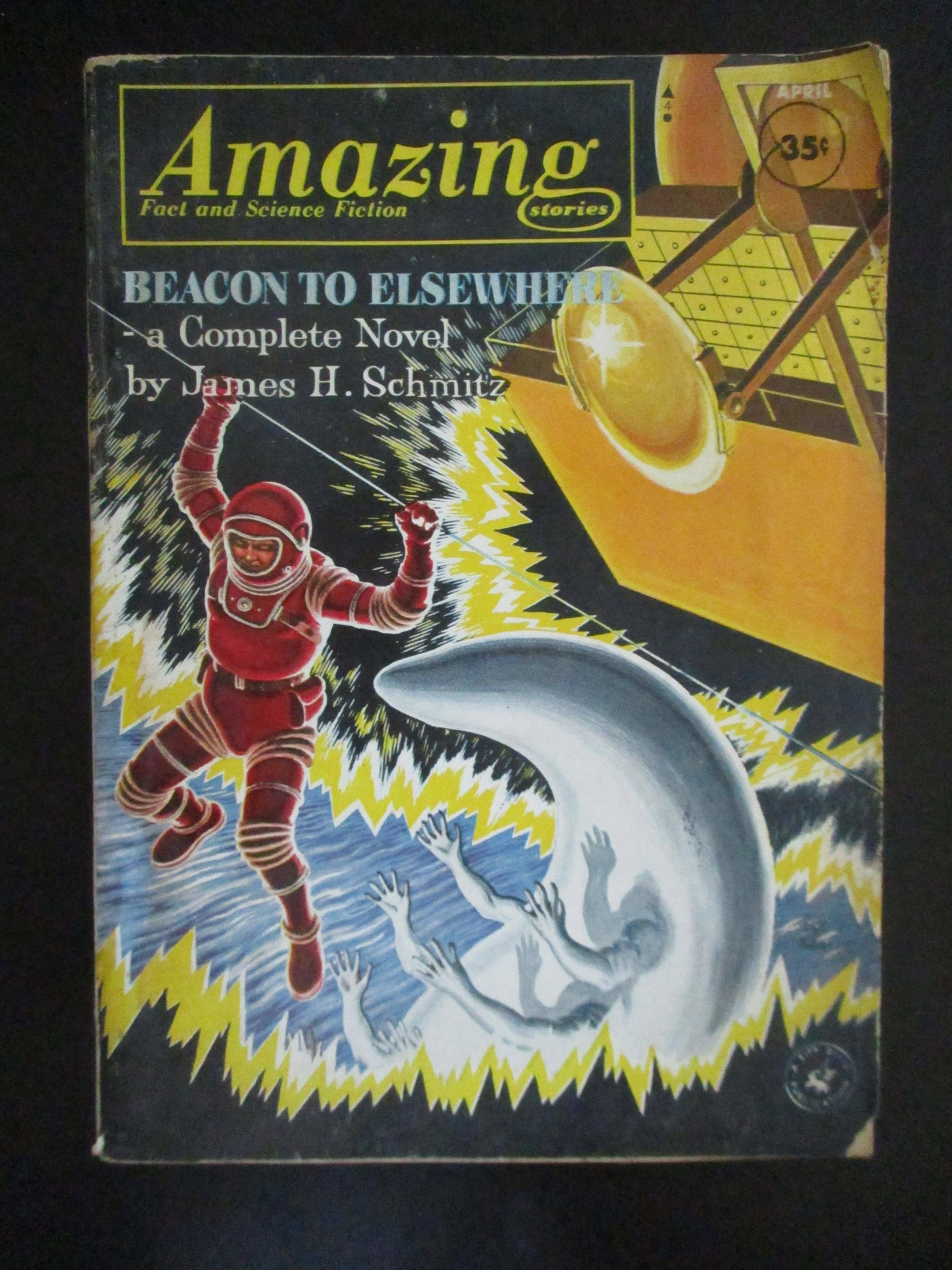Amazing Stories - April 1963: Amazing Stories Vol. 37, No. 4. Edited by Cele Goldsmith. Cover art by Virgil Finlay for "Beacon to Elsewhere" (novel) by James H. Schmitz; rear cover by Lee Brown Coye for "For