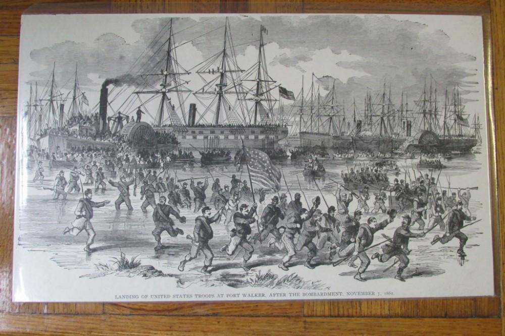 Landing of Troops at Fort Walker ~ Civil War: Landing of United States Troops At Fort Walker After the BombardmentNovember 7, 1861Showing numerous Union Ships of War in Harbour.The United States Troops Under