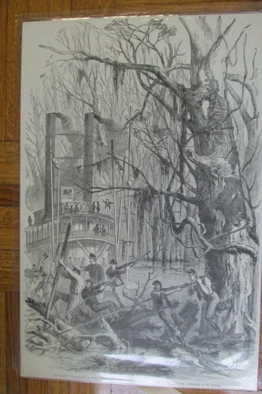 Soldiers Clearing Swamp Path - Civil War: Soldiers Clearing A Way Through The Swamps For Transport Artist: H. Lovie Print Type: Wood Engraving Date: Circa 1862 Publisher: