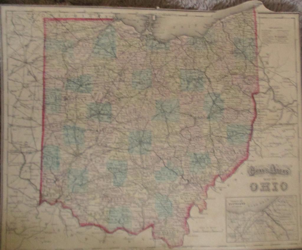 Gray's Hand Colored Map of Ohio: Gray's Map of Ohio Depicts railroad lines, common roads, canals, topography, etc. A beautiful & rare map. Cartographer: O. W. Gray Dated: Circa 1870