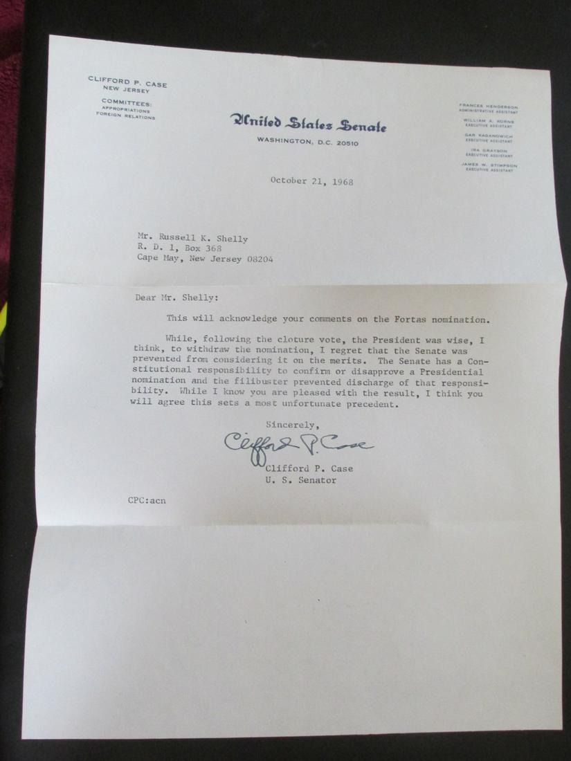 Supreme Count Nomination Withdrawal: Letter from Clifford Case regarding withdrawal of Supreme Court nomination Combined with CSA News Letter regarding Fortas. Nominated by Johnson to the Supreme Court in 1965