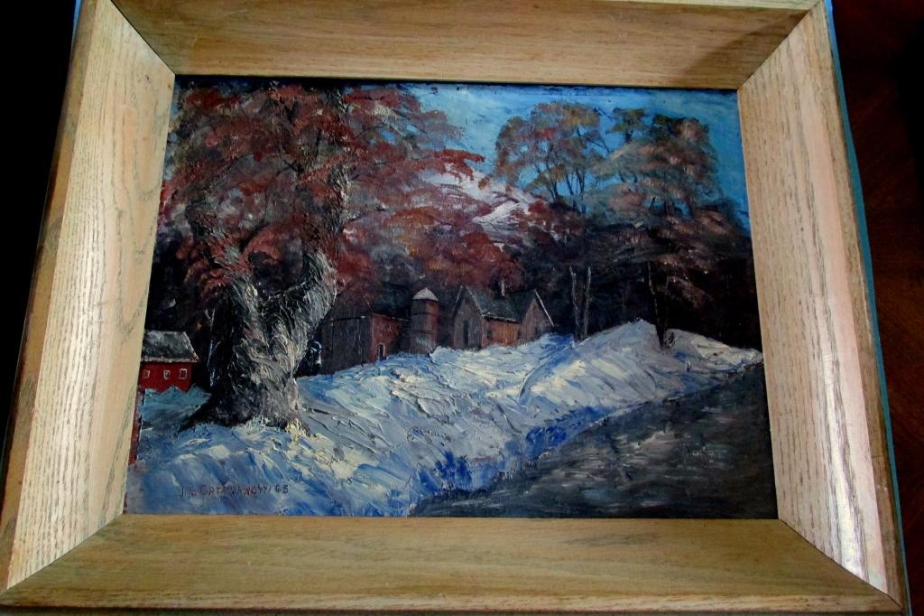House & Barn in Winter (New Hope Pa School): Winter Scene (Bucks County, Pa) Winter Scene (Bucks County, Pa)New Hope SchoolJ. S. Catalanotti Medium: Oil on Artist Board Date: 1965 Signed:
