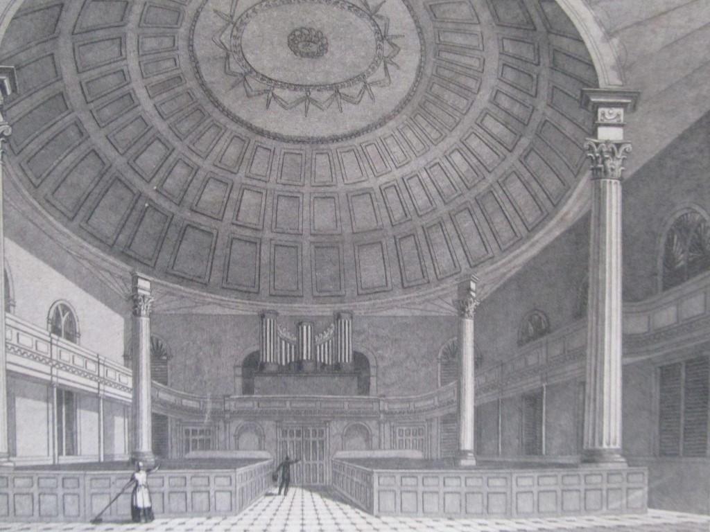 Presbyterian Church, Savannah, Georgia: Interior Presbyterian Church, Savannah, Georgia 3 Vignettes of Indians and John Wesley. and another . Rare. Print Type: Engraving Date: Circa 1830's Dime