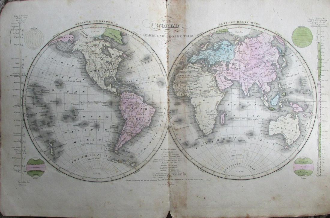 The World On A Global Projection: The World On A Global Projection Hand Colored Map. Mercator Western and Eastern Hemisphere Cartographer: E. Huntington Publisher D. J. Robinson Dated: