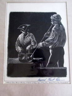 Leonard Everett Fisher (1924 - ) The Glass Blowers: A Master Glass Blower Blowing a Bubble of Glass Into a Two Piece Mold, From the Glassmakers Artist: Leonard Everett Fisher Print Type: Lithograph Sign