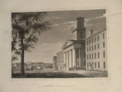 Amherst College, Massachusetts (Circa 1830): Amherst College, Mass. A very early print within approx. 10 years of the founding of the college. Artist: Alexander Jackson Davis / J. Archer Print Typ