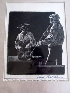 Leonard Everett Fisher (1924 - ) The Glass Blowers: A Master Glass Blower Blowing a Bubble of Glass Into a Two Piece Mold, From the Glassmakers Artist: Leonard Everett Fisher Print Type: Lithograph