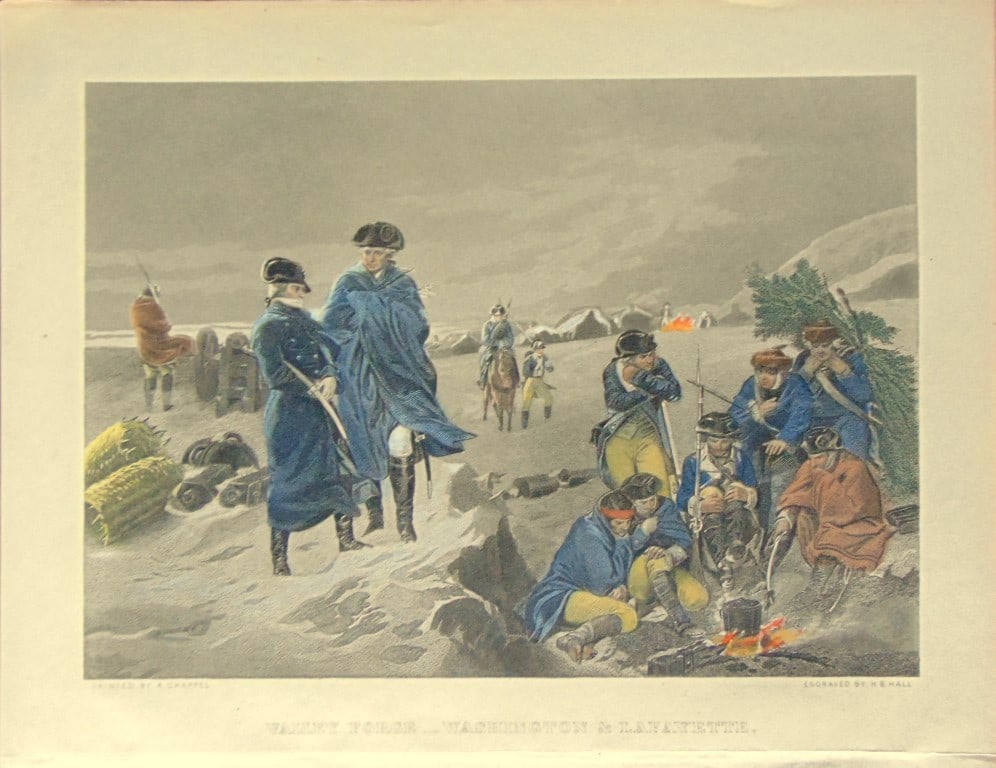 Valley Forge - Washington and Lafayette: Valley Forge - Washington and Lafayette Beautifully Hand colored. Washington and Lafayette by A. Chappel is an engraving that was created in 1857. It depicts General George Washington and the Marquis 