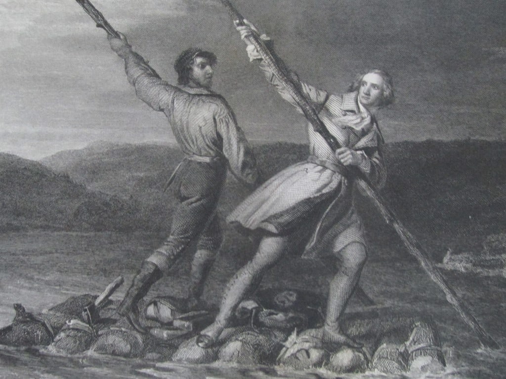 George Washington Crossing the Allegheny 1753: Crossing The Allegheny River In 1753 With His Guide Christopher Gist Artist: After Daniel Huntington Print Type: Engraving Date: Circa 1840 Dimensio