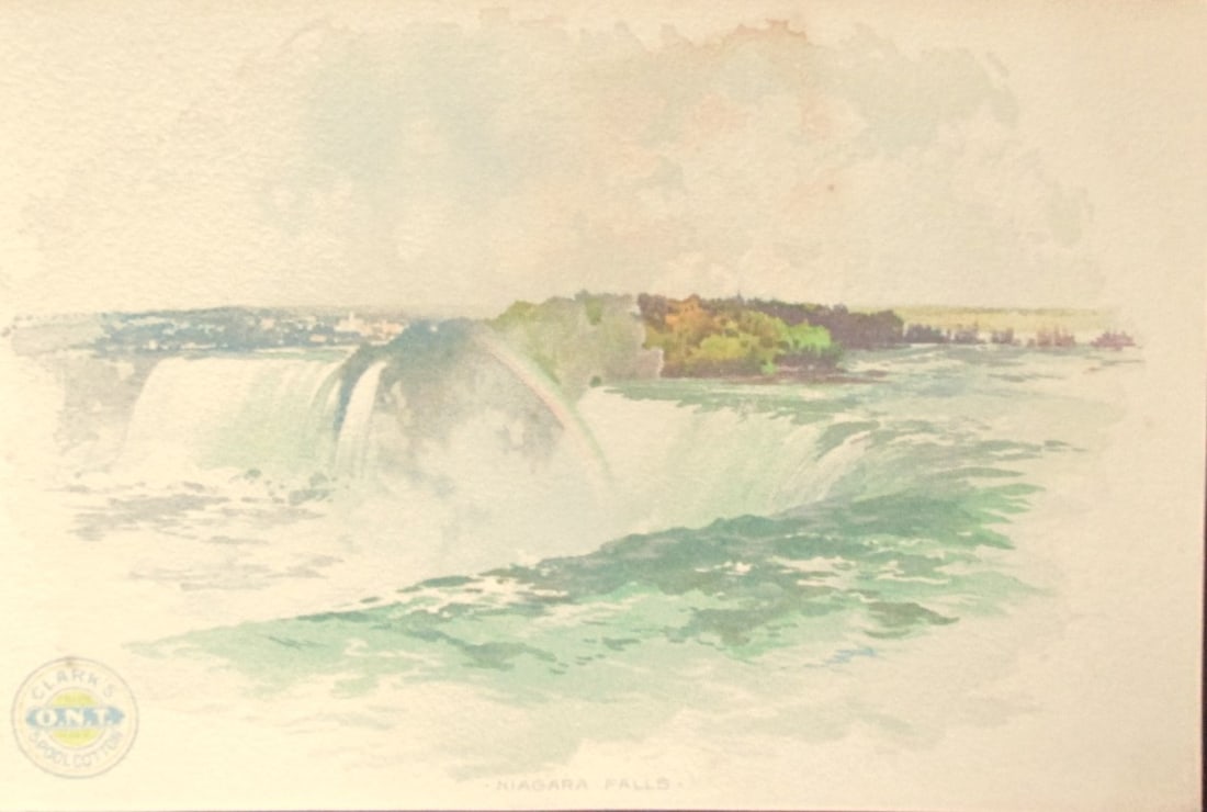 Niagara Falls: Niagara Falls Clark's ONT Spool Cotton Oversize Trade Card. From a watercolor of the period. Dated: Circa 1890's Type Advertising Trade Card Size: 5 x 7 1/2"