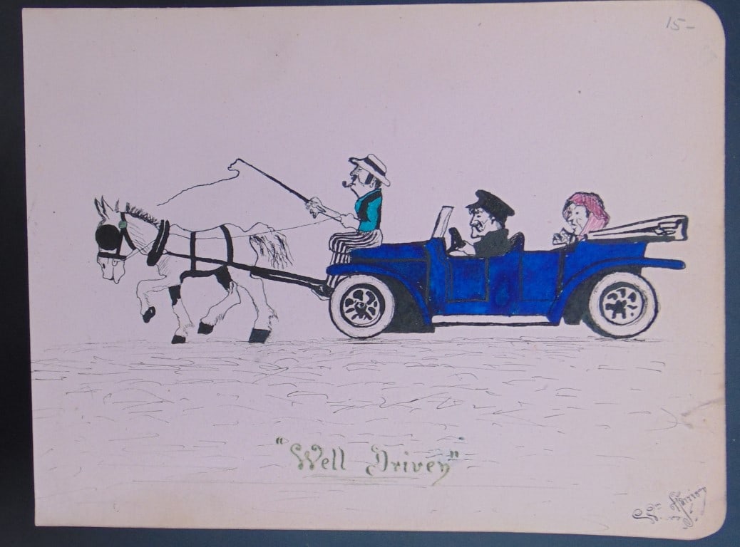 Well Driven - William Harrison: Well Driven A comical illustration show the beginning transition between horse & carrage and automobile transportation. Artist: William Harrison Medium: Pen