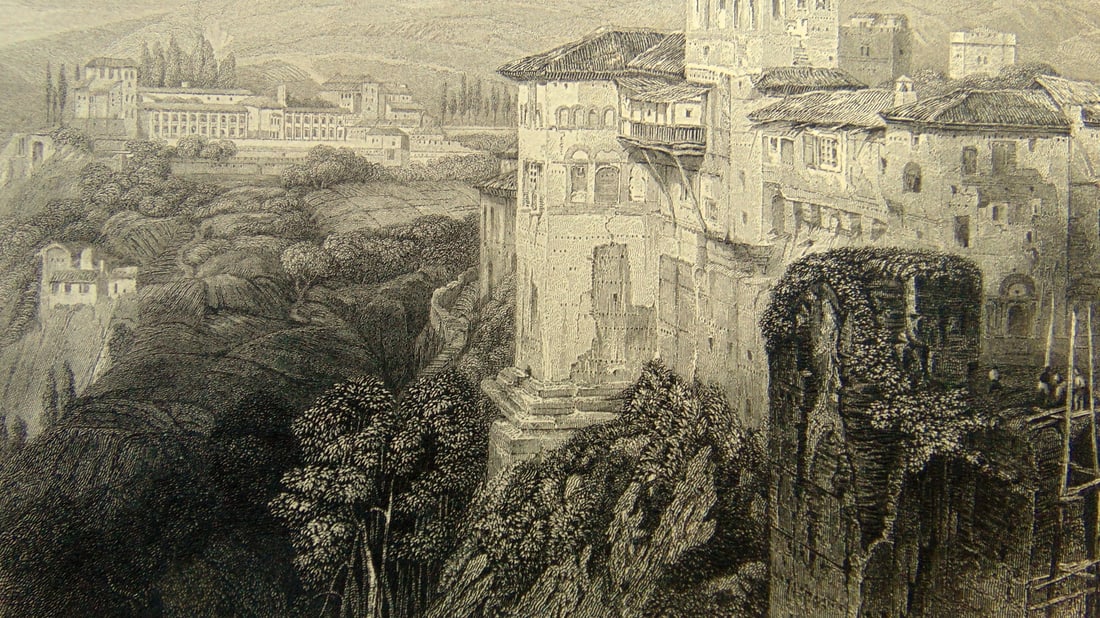 Palace of Generalife: Palace of Generalife - From the Alhamrba Looking From the Hall of Ambassadors. Nicely done with wonderful detail. A rare look at Spain in the first part of the 19th century.. Artist: David Roberts</