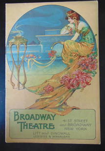 Broadway Theatre 1908 with August Hutaf verso: Broadway Theatre  Anna Held in The Parisian Model. The Illustration on the verso is by August Hutaf. August "Gus" William Hutaf (1874-1942) was a multifaceted American artist during the 1900s. While b