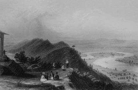 View From Mount Holyoke: View From Mount Holyoke The engraving depicts a panoramic vista from the summit of Mount Holyoke in Massachusetts, showcasing the rich agricultural landscape of the Connecticut River Valley. Rolling h