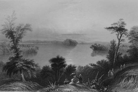 Saratoga Lake: Saratoga Lake New York Artist: William Henry Bartlett Print Type: Engraving Date: Circa 1840 Dimensions: 10 x 7.5 " Subject: 19th Century American Scenes