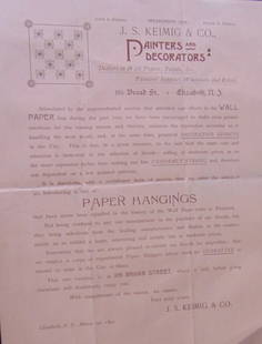 Paper Hangings (Wallpaper) Broadside 1892: Paper Hangings (Wall Paper) Broadside J. S. Keimig & Co. Elizabeth, New Jersey. On laid Salmon color paper. Folds as issued. Extremely Rare. Dated: March 1st, 1892 Type Broadside - Advertisement