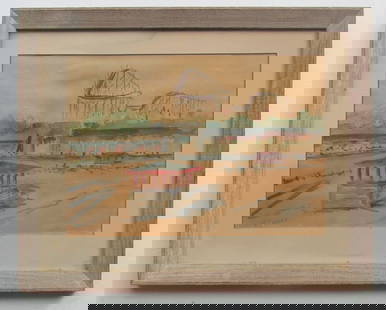 Roland (American) Seaside Amusement Pier: Roland (American - 20th Century) Seaside Amusement Pier with Roller Coaster Artist: Roland (American 20th Century) Medium: Watercolor Date: 1948 Signed: L/L Roland 48 Style: Realism - Folk Art