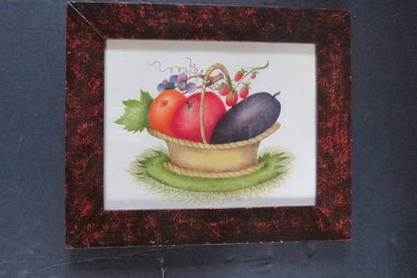 Dolores Samsell - Basket of Fruit Theorem: Basket of Fruit Theorem Folk Art Theorem in sponge painted frame. Artist: Dolores Samsell Medium: Watercolor on cloth Signed: Dolores Samsell Type: American Folk Art