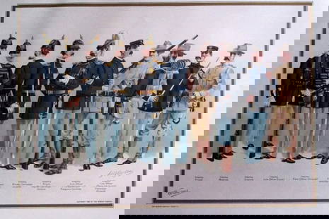 US Army Uniforms 1899: US Army Uniforms 1899 10 Infantry Uniforms Artist: Werner Print Type: Chromolithograph Signed: Werner in plate Date: 19th Century Publisher: Werner Origin: American Dimensions: 15 x 13" Subject: