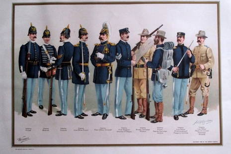 US Army Uniforms 1899: US Army Uniforms 1899 10 Infantry Uniforms Artist: Werner Print Type: Chromolithograph Signed: Werner in plate Date: 19th Century Publisher: Werner Orig