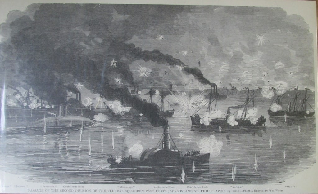 Federal Squadrons ~ Fort Jackson & St. Philip: Passage of the Second Division of the Federal Squadron Past Forts Jackson & St. Philip April 24, 1862After the BombardmentNovember 7, 1861Showing numerous Union Ships of War in Harbour.The United Stat