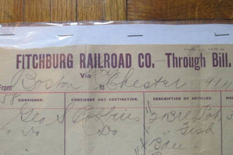 Fitchburg Railroad Company Massachusetts: Fitchburg Railroad Company, Massachusetts 1890 Way Bill Dated: 1890 Type Way Bill Size: 8 1/2 x 14" Notes & Literature: The Fitchburg Railroad is a former railroad