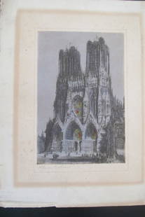 Rheims Cathedral: Rheims Cathedral Print Type: Aquatint Signed: Titled l/l Date: 20th Century Dimensions: 5 1/4 x 4" Subject: Cathedrals Religion France Notes & Literature: Notre-Dame de Reims is the seat of the