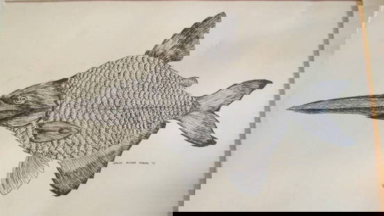 Leslie Alison Horan (American) Monster Creature: A fantastic drawing of a Fish Bird Creature Medium: Pen & Ink Date: "71" Signed: LR "Leslie Alison Horan" Style: Fantasy Origin: American Size: Sight Size: 12 x 7 1/2" Condition: Very minor soiling.
