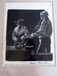 Leonard Everett Fisher (1924 - ) The Glass Blowers: A Master Glass Blower Blowing a Bubble of Glass Into a Two Piece Mold, From the Glassmakers Artist: Leonard Everett Fisher Print Type: Lithograph Signed: Leonard Everett Fisher l/