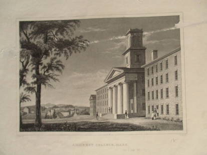 Amherst College, Massachusetts  (Circa 1830): Amherst College, Mass.  A very early print within approx. 10 years of the founding of the college. Artist: Alexander Jackson Davis / J. Archer Print Type: Engraving Date: Circa 18