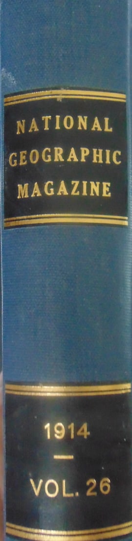 National Geographic Magazine Vol 26 1914: National Geographic Magazine Vol 26 1925 July to December 1914. 1/4 leather binding with gilt globes and lettering on spine. Illustrations: Color B/W Illustrations Dated:
