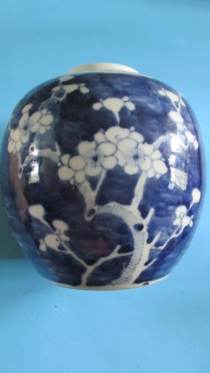 Qing Hawthorne Ginger Jar: 19th Century Chinese Export blue and white "Hawthorne" Ginger jar. Maker: Unknown Origin: China Date/Period: Qing Type: Ginger Jar Material: Pottery Dimensions: 7" Height Conditio