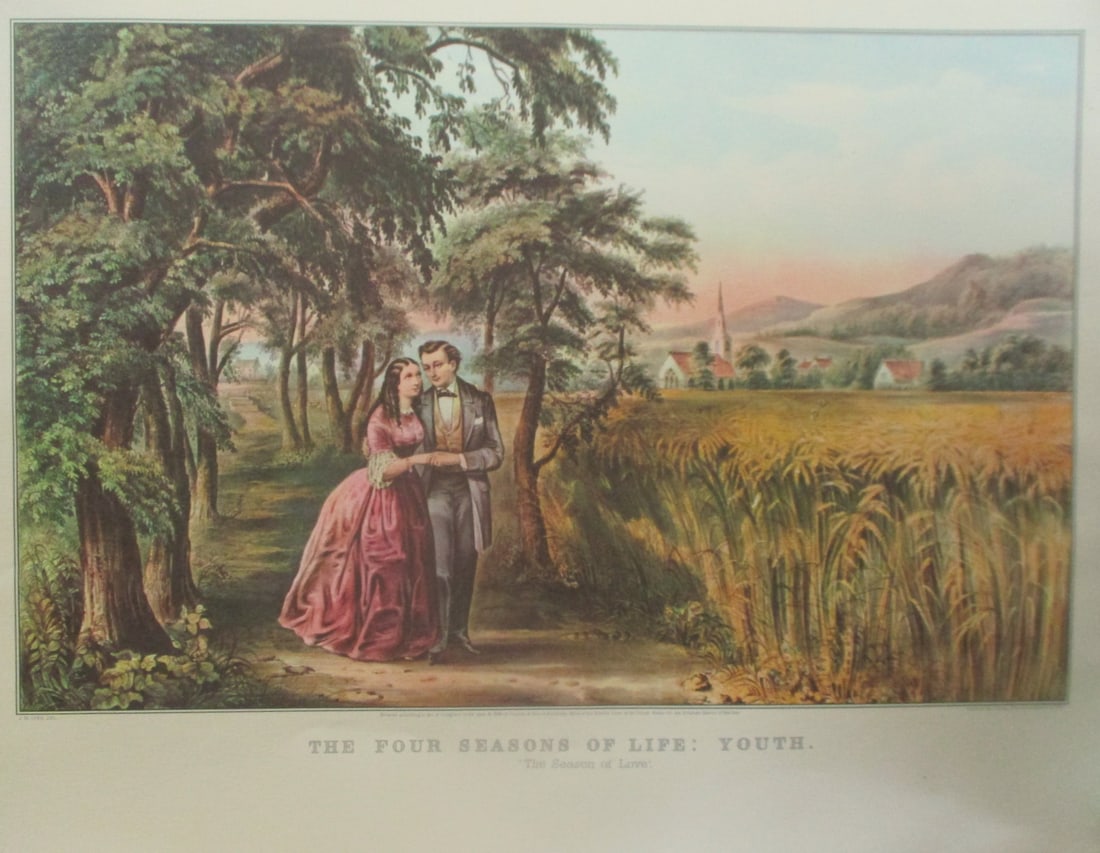 Four Seasons of Life - Youth - Currier Ives: The Four Seasons of Life - Youth Artist: After Currier & Ives Print Type: Halftone Dimensions: 15 x 12" Condition Report: Staining Right Margin<