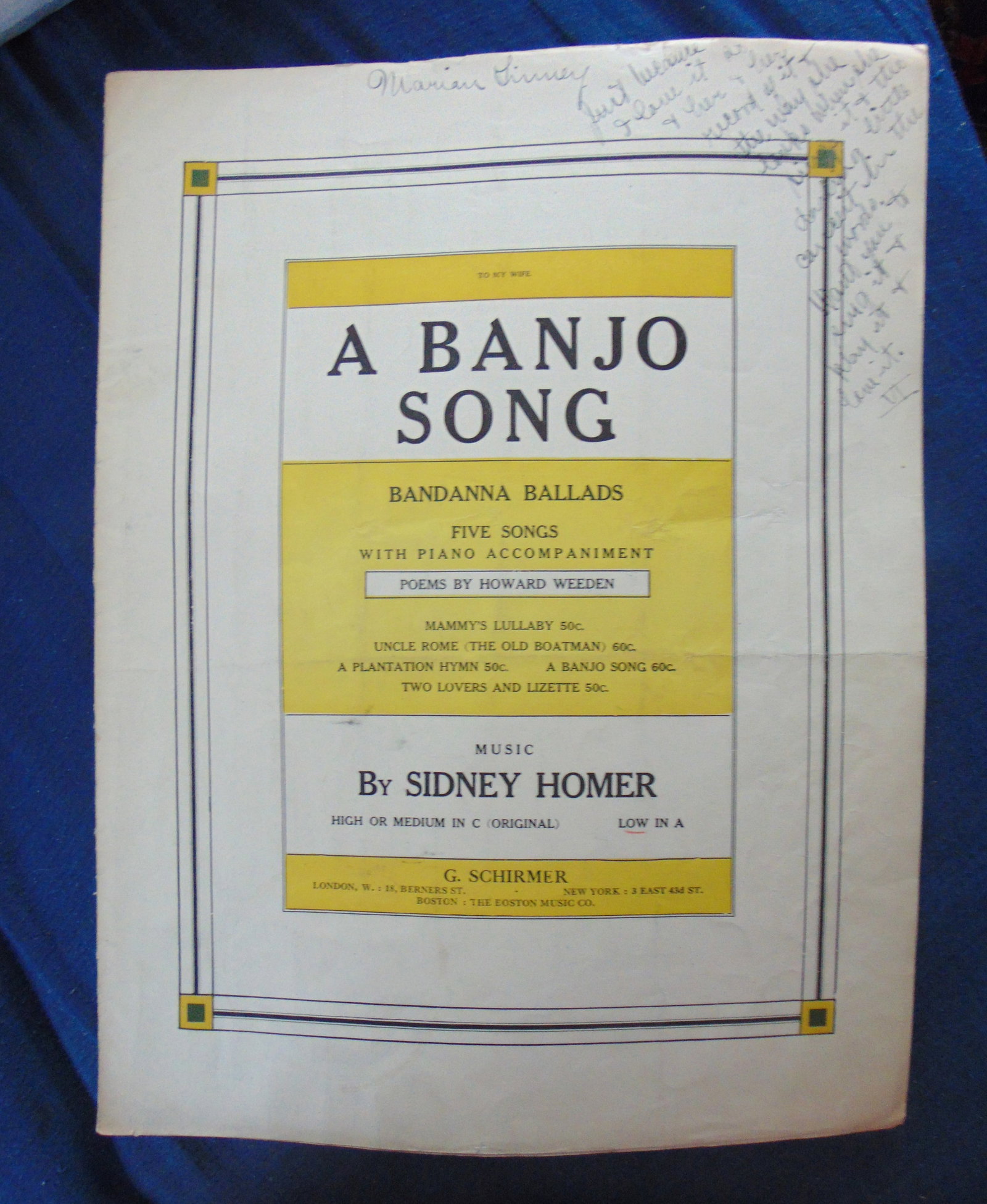 A Banjo Song - - Black Plantation Music: A Banjo Song Bandanna Ballads - Poem by Howard Weeden. - Black Negro Ballad - Song. Rare Composer: Sidney Homer Lyrics: Howard Weeden Edition: 1st Publisher: G Schirmer</