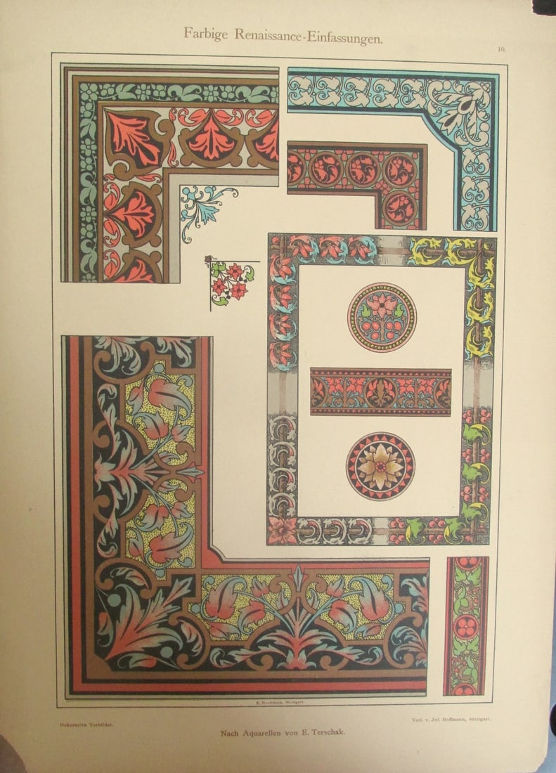 Colored Renaissance Bezels: Colored Renaissance Bezels Titled in German. Beautiful colors. Print Type: Chromolithograph Date: 19th Century Publisher: Jul Hoffman Dimensions