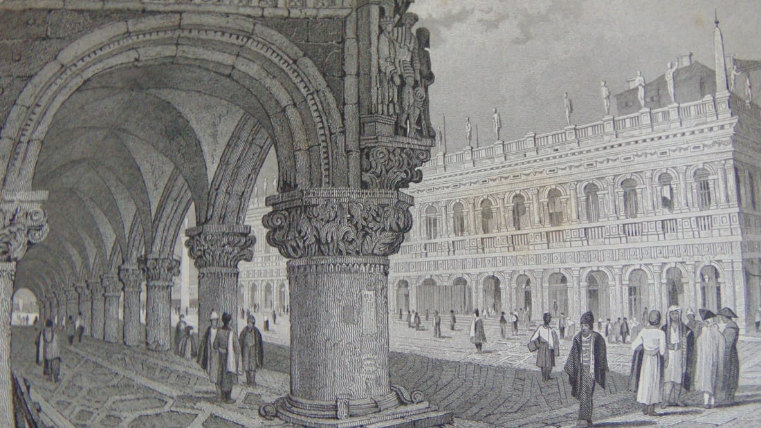 The Piazzetta Venice Italy: Early Engraving The Piazzetta Venice Italy Artist: Samuel Prout Print Type: Engraving Date: C1830 Origin: British Dimensions: 4.1/2 x 7 3/4" Provenance: Hill Ho