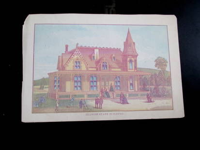 Centennial 1876 Illinois State Building: International Centennial Exhibition 1776 Illinois State Building  Also known as the Centennial Exhibition. Rare Artist: C. Burt Print Type: Lithograp